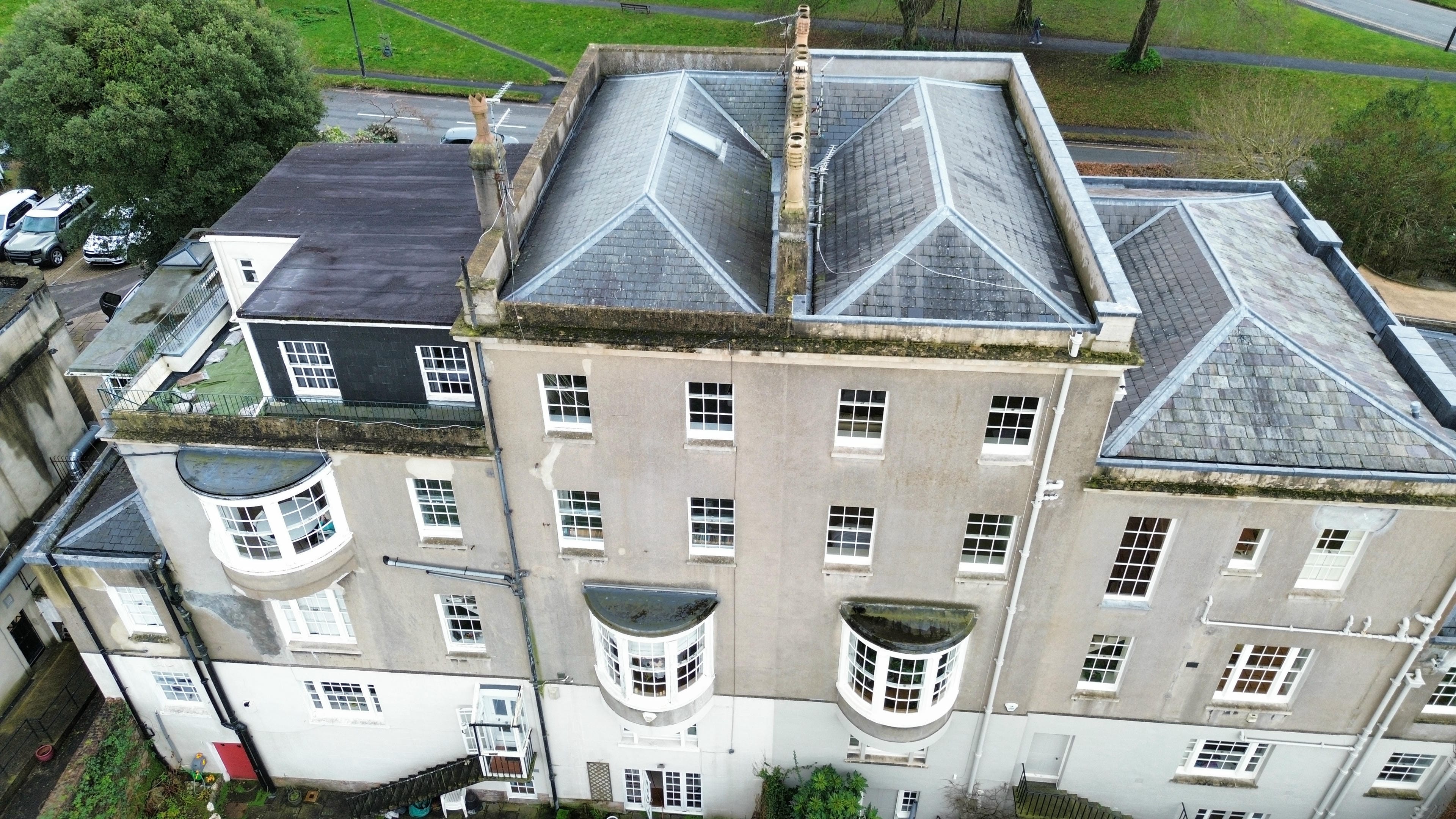 Drone roof survey of a large residential mansion — 4K aerial imagery showing full roof coverage